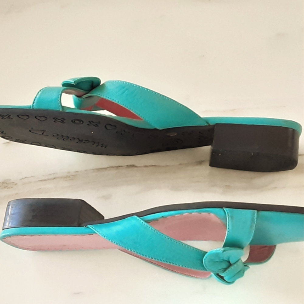 VTG 90s MICHELLE D TEAL LEATHER BOW TIE SLIDES SZ 9M - Picture 2 of 6
